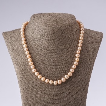 Collar de perlas de río cultivadas, forma redonda, color rosa durazno, longitud 47 cm, diámetro 8-9 mm (±)