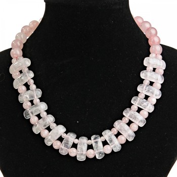 Collar Cleopatra de cuarzo rosa en liquidación, 25×12 mm y bolas de 12 mm, longitud 47 cm