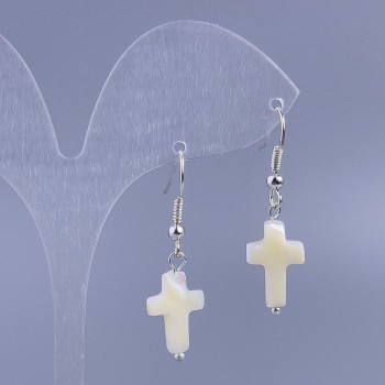 Pendientes de nácar blanco en forma de cruz, diámetro 10x15 mm, longitud 36 mm+